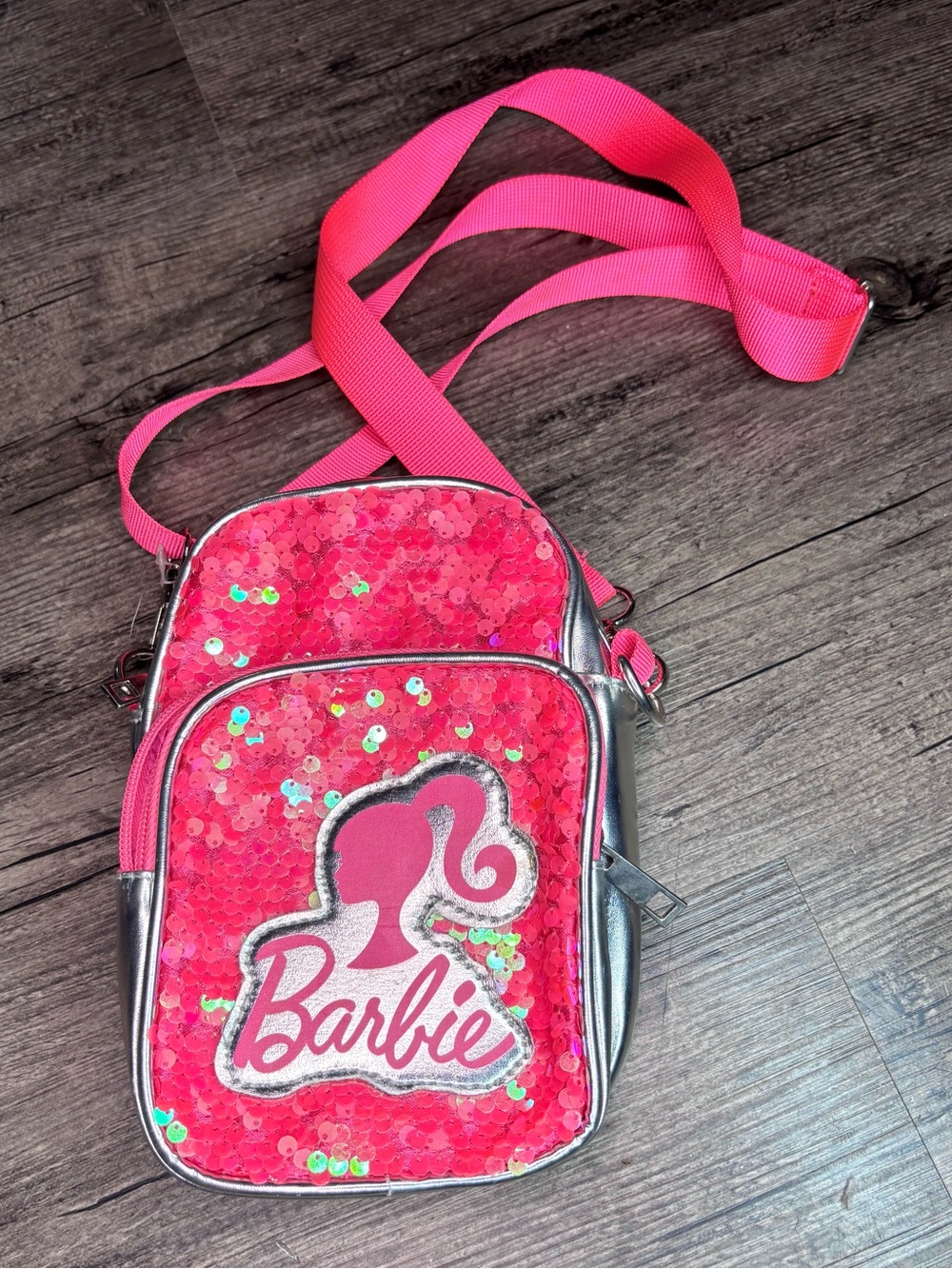 Barbie Hot Pink Sequin Mini Shoulder Crossbody Bag W/ Silver Trim